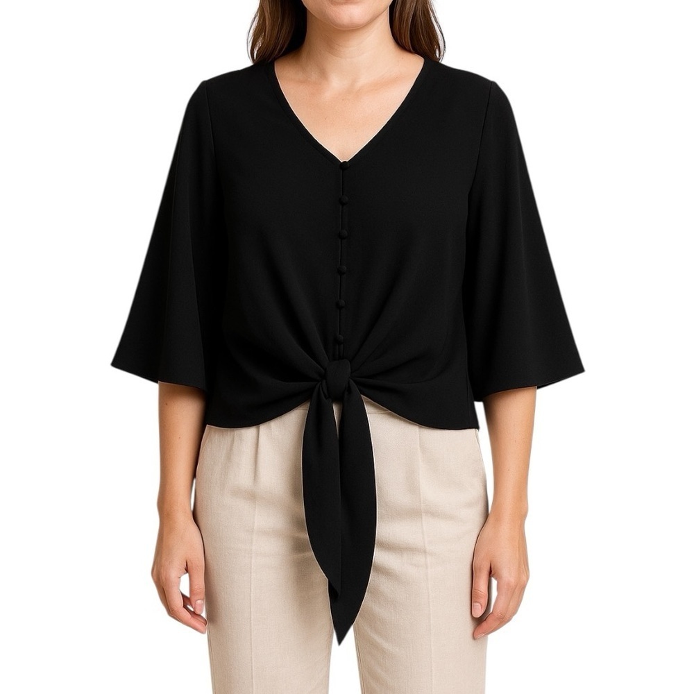 Unbranded Medium Black Bell Short Sleeve Tie Front Blouse